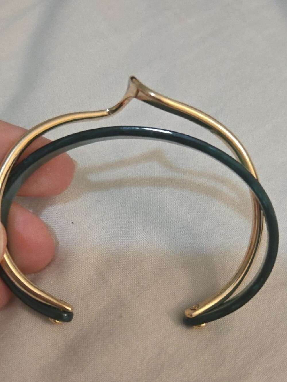 Gold-Tone Swirl Bangle with Green Inlay Bracelet, NIP, Gift Pouch - Picture 2 of 8